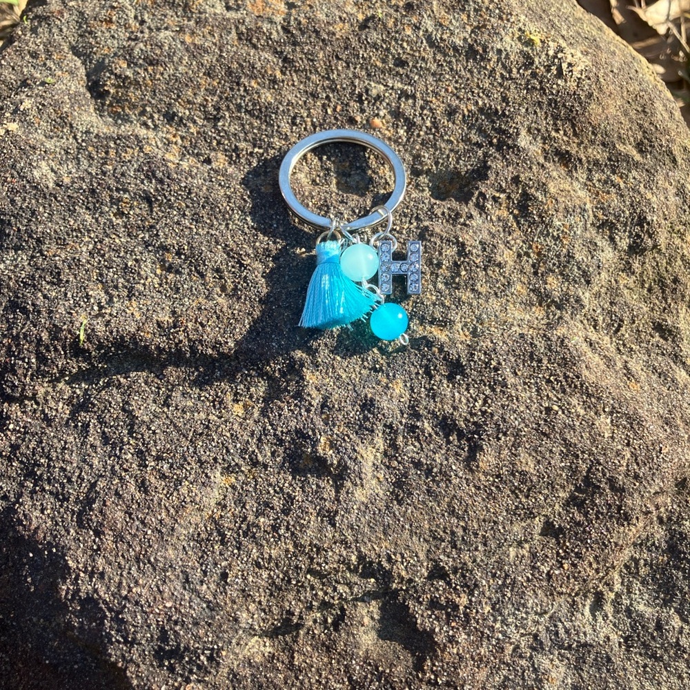 Turquoise Tassel Keychain with Letter H Charm